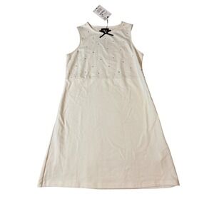 NWT Zara Size 11-12 Girl Sleeveless Off White Dress Round Neck Black Bow Stones